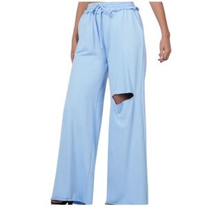 Distressed Drawstring Elastic Waist Light Blue Wide Leg Cotton Pants